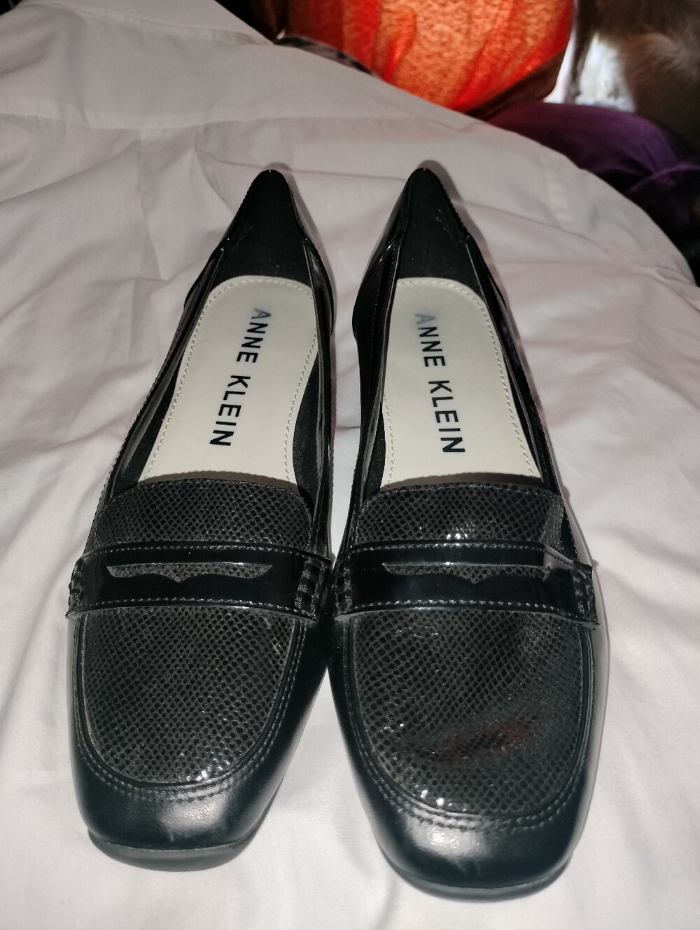 Anne Klein Black Patent Loafers with Textured Vamp